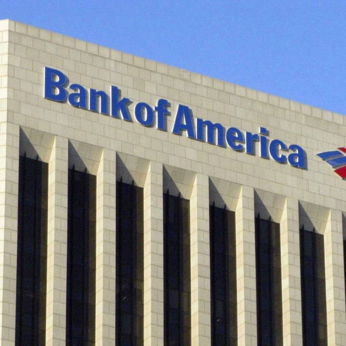 The logo of the Bank of America is pictured atop the Bank of America building in downtown Los Angeles