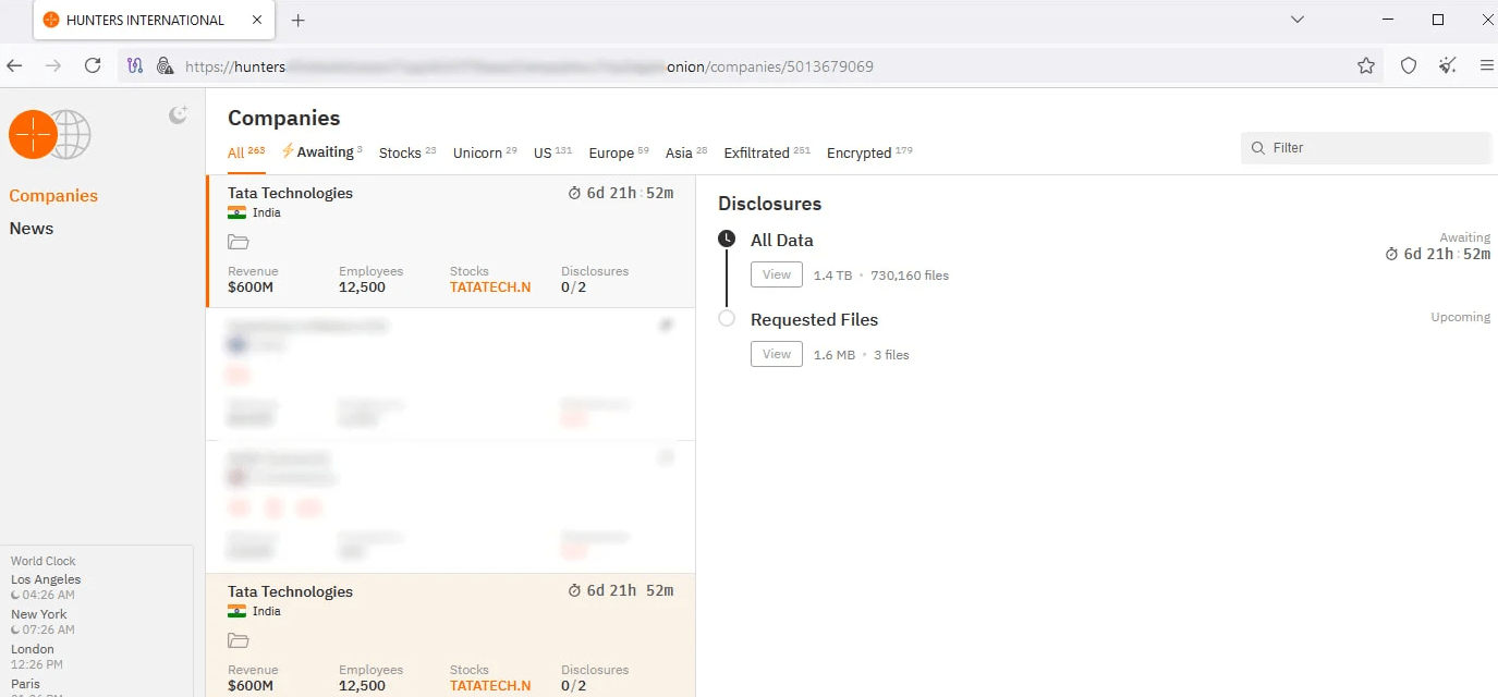 Hunters International reclama ataque a Tata Technologies y amenaza con filtrar 1.4TB de datos