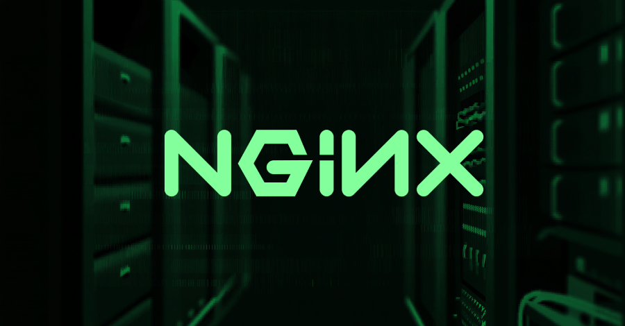 Glowing green NGINX logo in a dark data center with server racks in the background.