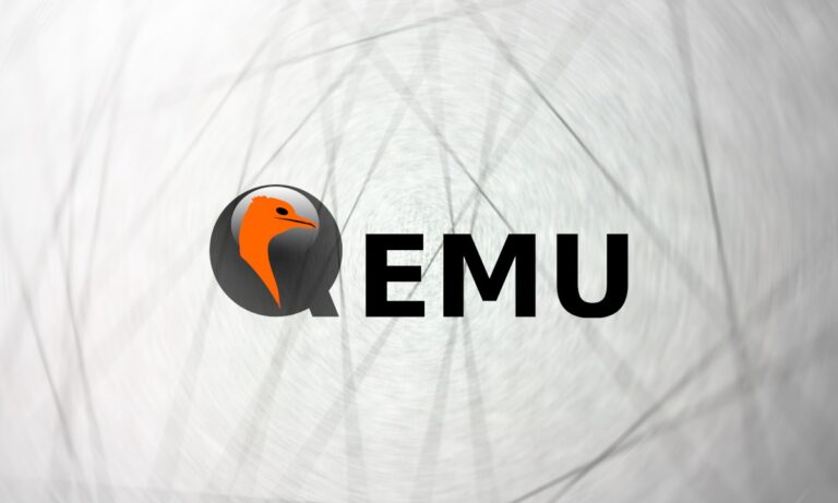 QEMU logo: orange crane within a dark circular speech-bubble next to the bold EMU text on a swirling grey background.