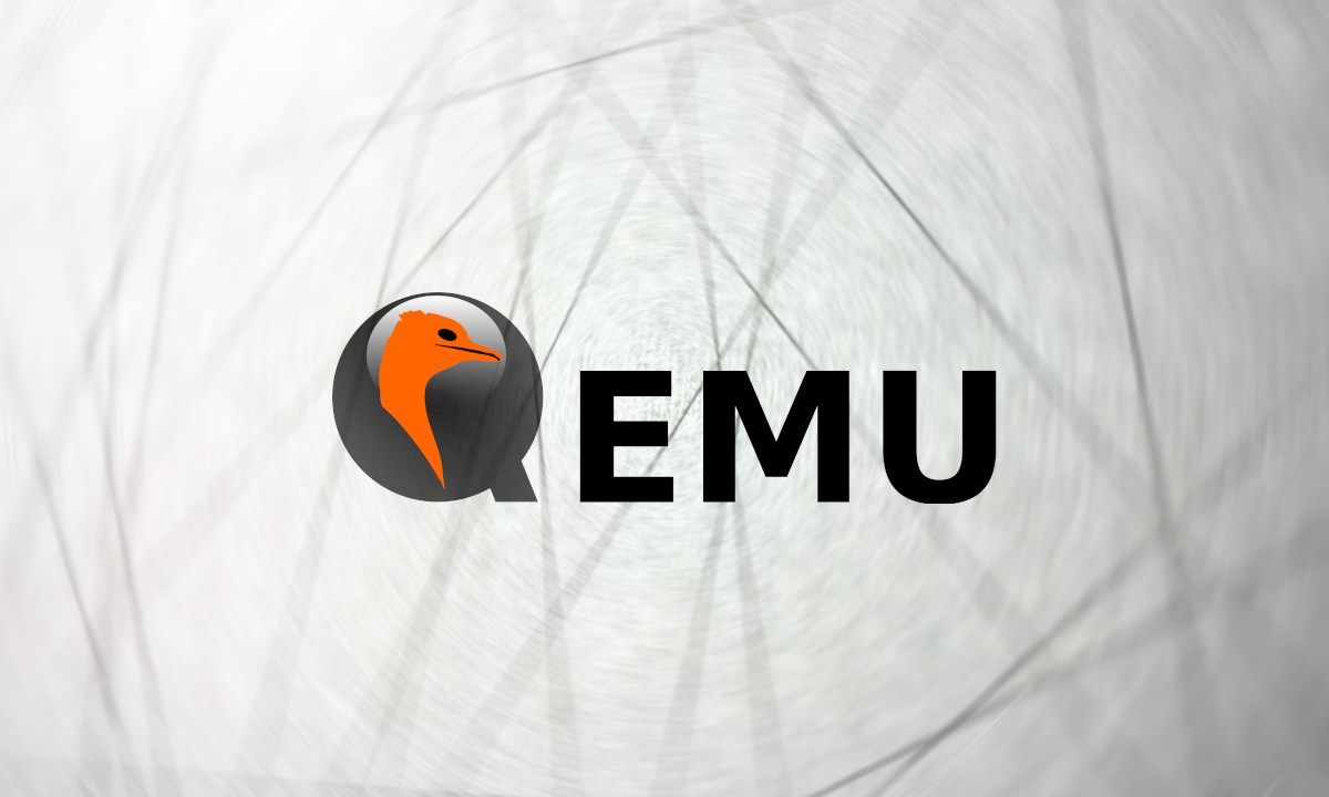 QEMU logo: orange crane within a dark circular speech-bubble next to the bold EMU text on a swirling grey background.