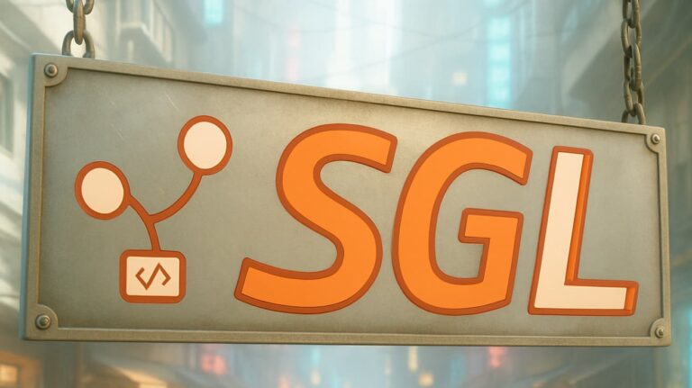 Metal hanging sign with bright orange 'SGL' lettering and a small logo on the left, set in a futuristic cityscape.