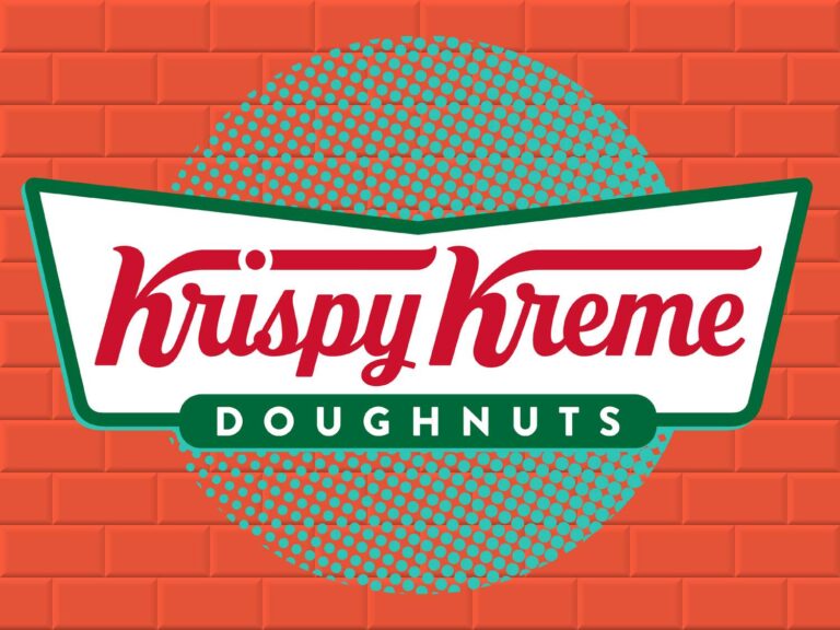 Krispy Kreme logo on a white banner with red cursive text, green border, teal dotted circle, against a red brick wall background.
