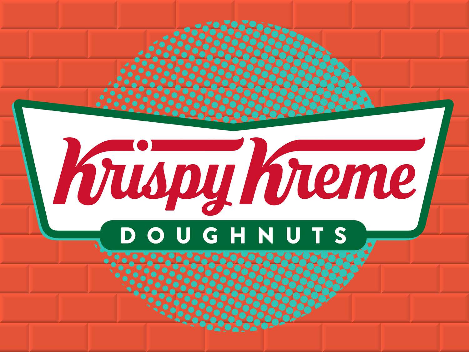 Krispy Kreme logo on a white banner with red cursive text, green border, teal dotted circle, against a red brick wall background.